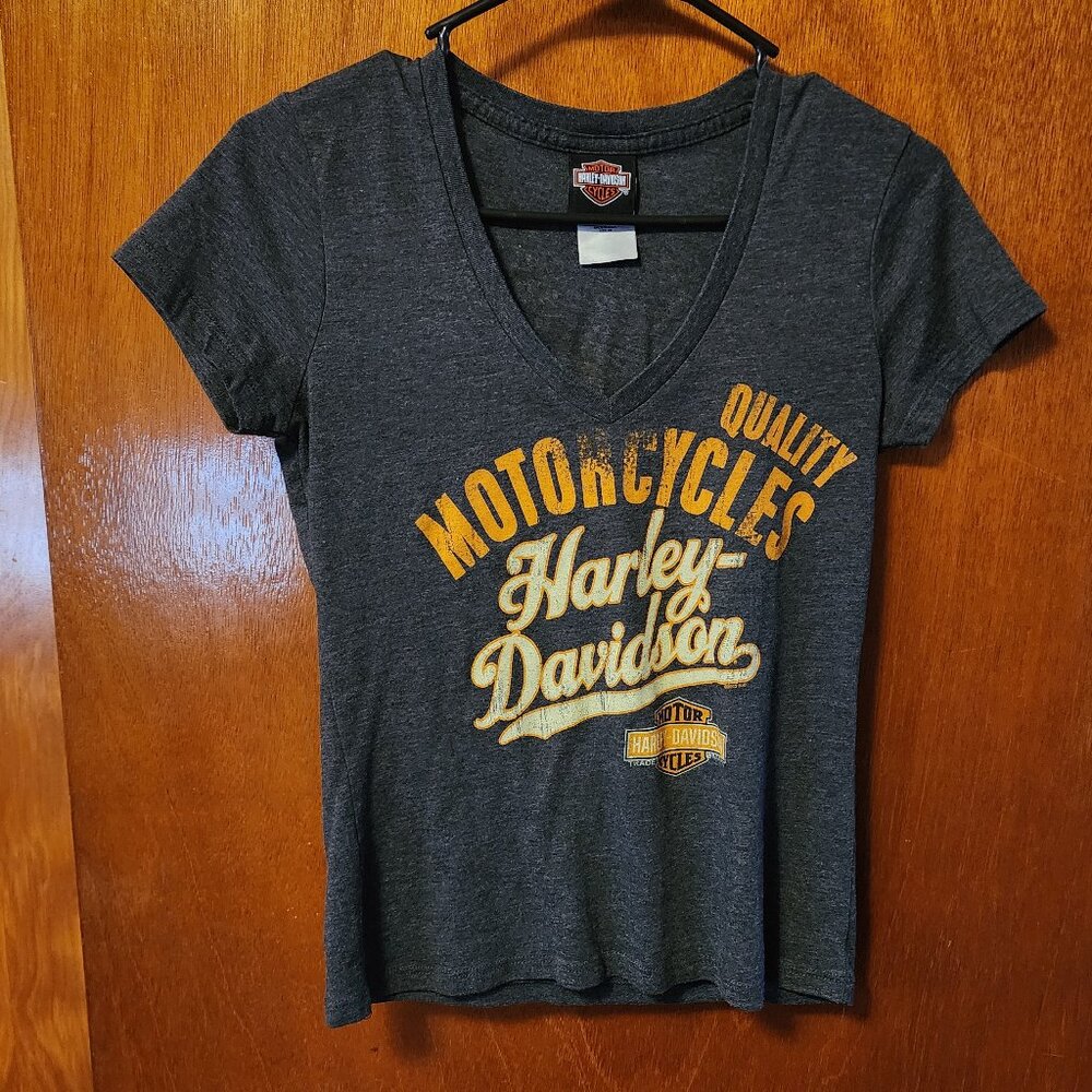 Women's XS Harley Davidson Gray Graphic Avalanche Denver CO Short Sleeve Shirt